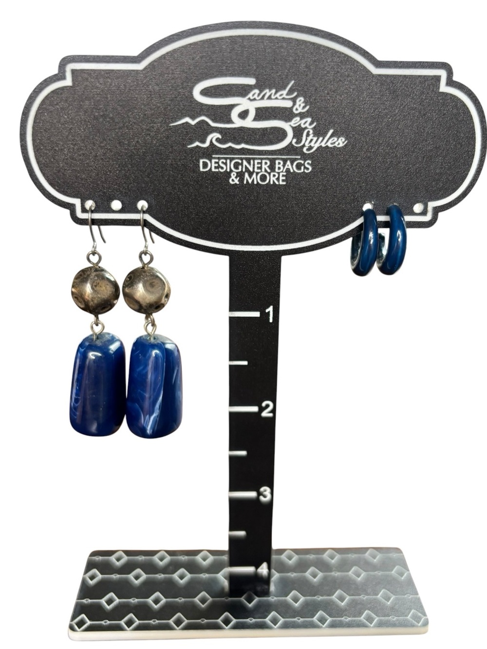 Blue Marbled Stone & Silver Tone Dangle Earrings + Blue Hoop Earrings (2 pair)